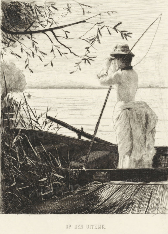 On the Lookout, Woman on the lookout, print, A woman stands in a rowboat with a fishing rod over her shoulder and peers through binoculars at a rowboat., printmaker: Willem Steelink (II), Amsterdam, 1885, paper, chine collé, etching, etching on chine collé, height 230 mm x width 175 mm, rowing-boat, canoe, binoculars, spy-glass, A monochrome drawing shows a person standing at the edge of a body of water, seen from behind and turned slightly to the side, wearing a hat and a long coat with a textured fur-like back, holding a long pole and looking through a small handheld object toward the water; a small boat with an oar is in the foreground among tall reeds and grasses, and tree branches with slender leaves extend across the upper left of the scene, while the water stretches to a distant, low shoreline beneath a lined sky.