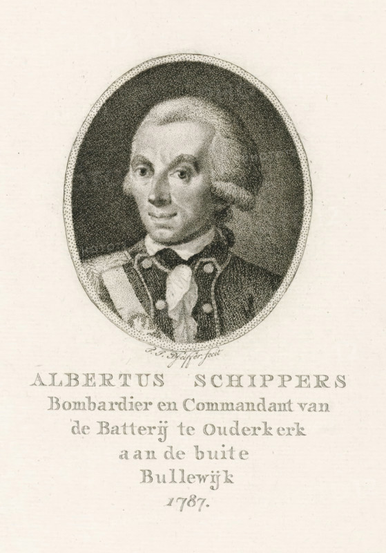 Portrait of Albertus Schippers, print, printmaker: François Joseph Pfeiffer (I), Amsterdam, 1787, paper, etching, aquatint, etching and aquatint, height 233 mm x width 175 mm, Person, Albertus Skippers, An oval black and white stippled portrait of a man shown from the chest up set against a dark textured background, the man has light-colored hair styled away from his face with side curls, a high forehead, arched eyebrows, and a slight smile; he wears a decorated military-style coat with visible buttons and a sash across one shoulder and a cravat at his neck, and the oval portrait is surrounded by a dotted border and placed on a pale paper background.