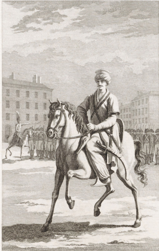 Mamluk on horseback, print, Turkish rider, soldiers behind him. In 1798, Napoleon invaded Egypt and defeated the Mamluks. Napoleon was impressed by the Mamluk cavalry and formed his own Mamluk corps for the French Imperial Army., printmaker: Izaak Jansz. de Wit, Haarlem, 1798 - 1809, paper, etching, proof print, height 198 mm x width 137 mm, slavery, serfs and enslaved persons, head-gear: turban, riding a horse, ass, or mule, rider, horseman, Asiatic races and peoples: Turks, A detailed engraving shows a man wearing a turban and layered clothing seated on a horse in the foreground, his right hand holding the reins and his left resting near his waist; the horse is depicted mid-step with a flowing mane and tail and visible tack. In the background there are rows of uniformed soldiers standing in formation and a mounted figure facing them, with multi-story buildings lining the scene behind the troops. The sky above is filled with layered, hatched clouds and the ground beneath the horse dis...