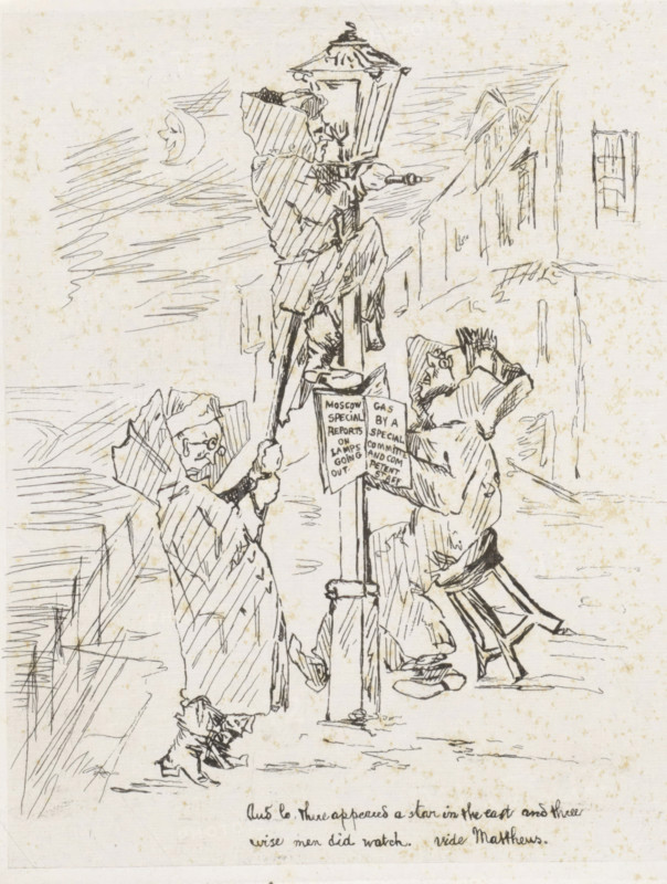 Three men by a gas lantern, cartoon, print, A gas lantern stands by a building with three men in long coats. The man on the left holds a stick and uses it to support the man who has climbed into the gas lantern. On the other side, a man sits on a stool. English texts are displayed on several pages of paper in his hands or on the lantern. A face is depicted in the waxing moon. Below the image is a two-line English text from the Bible, freely adapted from Matthew 2., printmaker: Frederik Hendrik Weissenbruch, The Hague, 1843 - 1887, paper, etching, height 163 mm x width 135 mm, cushion, caricatures (human types), civic architecture, edifices, dwellings, street lighting, waxing moon represented as face, gas-lamp, A sketch in pen shows three robed figures wearing pointed head coverings gathered around a tall street lamp; one figure is perched on the lamp reaching toward its top while another stands on the ground steadying the lamp post and the third leans forward reading from a sheet attac...