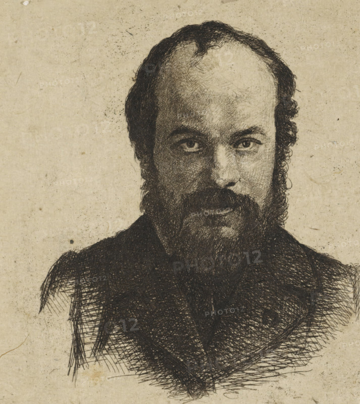 Portrait of Jan Weissenbruch, print, Portrait of the artist Jan Weissenbruch, older brother and teacher of the manufacturing artist., printmaker: Frederik Hendrik Weissenbruch, The Hague, 1863, paper, chine collé, etching, drypoint, etching on chine collé, worked up with drypoint, height 95 mm x width 75 mm, Person, Jan Weissenbruch, historical persons, portrait, self-portrait of artist, beard, A detailed ink portrait of a man’s head and upper torso on textured paper, showing a receding hairline with dark, curly hair at the sides, expressive eyes looking forward, a full beard and mustache rendered with dense crosshatching, and a dark jacket or garment suggested by heavy ink strokes, all against a pale, speckled background.
