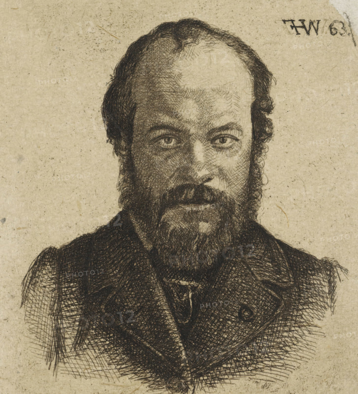 Portrait of Jan Weissenbruch, print, Portrait of the artist Jan Weissenbruch, older brother and teacher of the manufacturing artist., printmaker: Frederik Hendrik Weissenbruch, The Hague, 1863, paper, chine collé, etching, etching on chine collé, height 87 mm, width 93 mm, Person, Jan Weissenbruch, historical persons, portrait, self-portrait of artist, beard, A detailed pen-and-ink portrait of a bearded man from the shoulders up, showing a receding hairline with dark, curly hair at the sides, a full thick beard and mustache, and deep-set eyes with detailed cross-hatching around the brows and cheeks; he wears a dark jacket with visible lapels and textured shading over a lighter shirt, and the background is a textured, aged paper with scattered speckles and small blemishes.