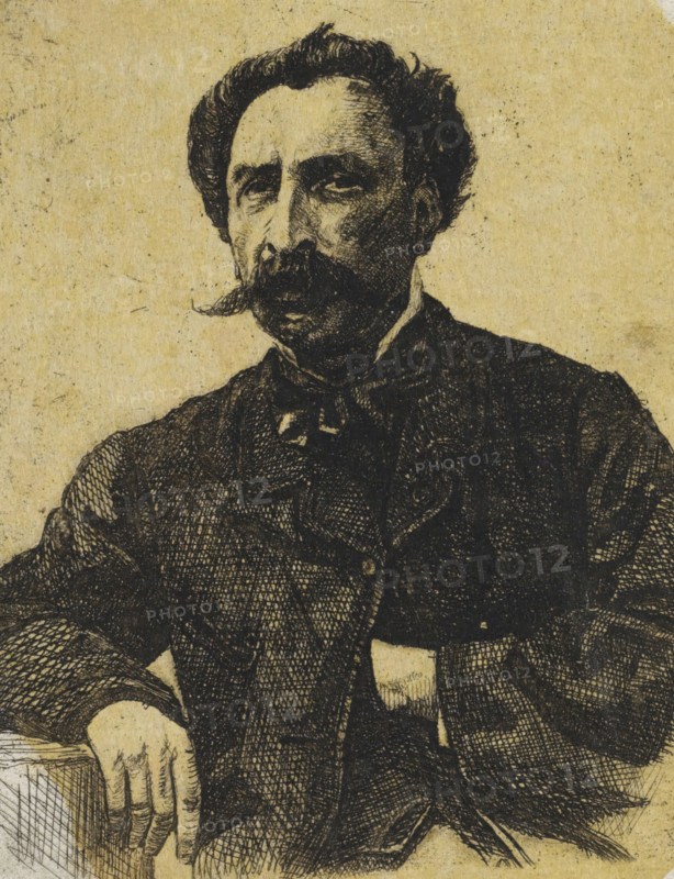 Portrait of Samuel Verveer, print, Portrait of the artist Samuel Verveer, teacher of Jan Weissenbruch, the older brother of the manufacturing artist., printmaker: Frederik Hendrik Weissenbruch, The Hague, 1863, paper, chine collé, etching, etching on chine collé, height 87 mm, width 85 mm, Person, Salomon Leonardus Verveer, historical persons, portrait, self-portrait of artist, mustache, A sepia-toned ink drawing of a seated man shown from the waist up, with dark curly hair, a prominent mustache, and a serious facial expression; he wears a dark jacket over a shirt with a visible collar and a bow at the neck, and his left arm rests on an armrest with his hand draped over it, while cross-hatched shading creates texture on his clothing and skin against a plain textured background.