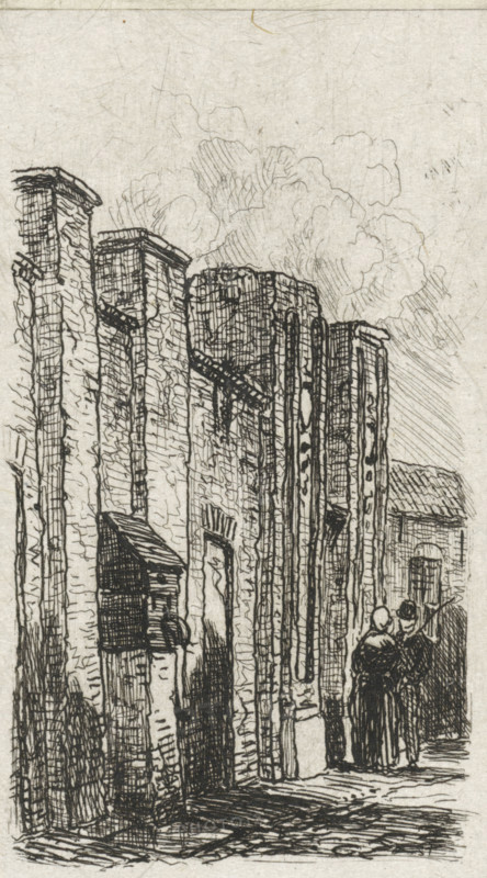 Wall in Culemborg, print, A man and a woman standing by a wall, possibly a city wall, with battlement-like details and a wooden box., printmaker: Jan Weissenbruch, Culemborg (possibly), 1837 - 1880, paper, chine collé, etching, etching on chine collé, height 80 mm x width 47 mm, fence, wall, eel, city-walls, A vertical pen-and-ink scene shows a narrow street flanked by tall, textured stone buildings with arched doorways and protruding architectural elements, their surfaces rendered with dense crosshatching and vertical lines. The sky above is filled with soft, cloud-like pencil or ink strokes. Near the lower right, two small figures stand close together facing away, one wearing a rounded head covering and the other with a hat, their dark silhouettes contrasting with the lighter stonework. The ground is shaded with parallel strokes, and the composition emphasizes the height and weathered detail of the masonry.