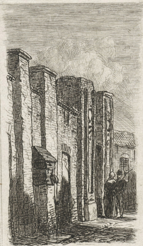 Wall in Culemborg, print, A man and a woman stand by a wall, possibly a city wall, with battlement-like details and a wooden box., printmaker: Jan Weissenbruch, Culemborg (possibly), 1837 - 1880, paper, chine collé, etching, etching on chine collé, height 80 mm x width 47 mm, fence, wall, eel, city-walls, A tall vertical view of a narrow street bordered by tall, textured stone buildings with visible mortar lines and rectangular recesses, their facades shaded with dense crosshatching and vertical strokes; the sky above is filled with horizontal lines and a cluster of rounded, billowing clouds drawn with curving, overlapping pencil strokes; near the right edge two figures stand close together facing away, one wearing a rounded head covering and the other wearing a brimmed hat and holding a long thin object, both rendered in dark, closely hatched shading; doorways and window openings interrupt the building walls, and a small pitched-roof structure projects from one wall casting shadow, wh...