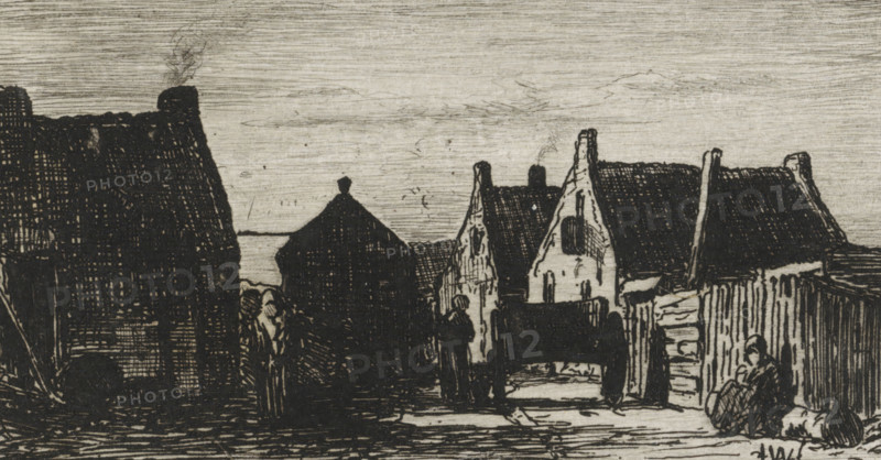 View of Scheveningen, print, A few houses lie along a narrow road. A cart stands on the road and a few figures are depicted., printmaker: Jan Weissenbruch, The Hague, 1837 - 1880, paper, chine collé, etching, etching on chine collé, height 49 mm x width 86 mm, city-view, and landscape with man-made constructions, (farm) wagon, freight wagon, cart, housing, Scheveningen, A monochrome sketch of a narrow village street lined with tall, steep-roofed buildings and a wooden fence, with textured shading across walls and roofs and light horizontal lines filling the sky; several small human figures stand or gather near the buildings and a seated figure reclines by the fence holding something in their lap; chimneys rise from rooftops and one shows a wisp of smoke, while rough ground textures and shadowed doorways are visible along the street.