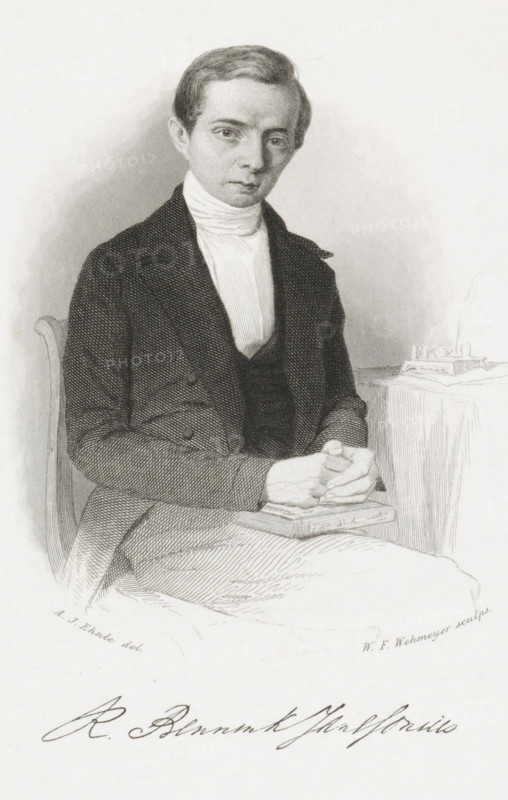 Portrait of Roelof Bennink Janssonius, print, minister and poet. He is seated on a chair next to a table with writing implements, and his hands rest on a book. Below the image is the signature of the sitter., printmaker: Willem Frederik Wehmeyer, after drawing by Adrianus Johannes Ehnle, Haarlem (possibly), 1834 - 1854, paper, etching, engraving, roulette, steel etching, steel engraving and roulette, height 200 mm x width 115 mm, Person, Roelof Bennink Janssonius, historical persons, adult man, writing tools, book, A seated portrait of a young man shown from the waist up wearing a dark textured coat over a dark waistcoat and a high white collar; he has short, neatly combed hair and a calm facial expression while his hands rest together on a closed book placed on his lap; a simple chair back is visible behind him and a table with a cloth and a small inkwell and quill sits to his side, all rendered in fine monochrome engraving lines.