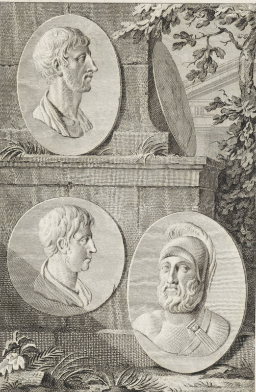 Medallions with portraits of Pericles, Fabius Maximus, Alcibiades, and Coriolanus, print, printmaker: Reinier Vinkeles (I), Amsterdam, after drawing by Jacobus Buys, 1789 - 1809, paper, etching, proof print, height 235 mm x width 157 mm, Later state print also used as book illustration in: Plutarchus edited by E. Wassenbergh and H. Bosscha. The lives of illustrious Greeks and Romans, compared with one another, 12 vols. Amsterdam: Johannes Allart, 1789-1809., (story of) Coriolanus, (story of) Alcibiades, (story of) Pericles, (story of) Quintus Fabius Maximus Cunctator, A detailed engraved scene showing three oval medallion portraits mounted on a stone wall, each containing a sculpted head in profile or three-quarter view; the top medallion displays a bearded man facing right with short wavy hair and a draped garment at his shoulders, the lower left medallion shows a clean-shaven younger man in profile facing right with short hair and a simple drape at his neck, and the lower right medal...