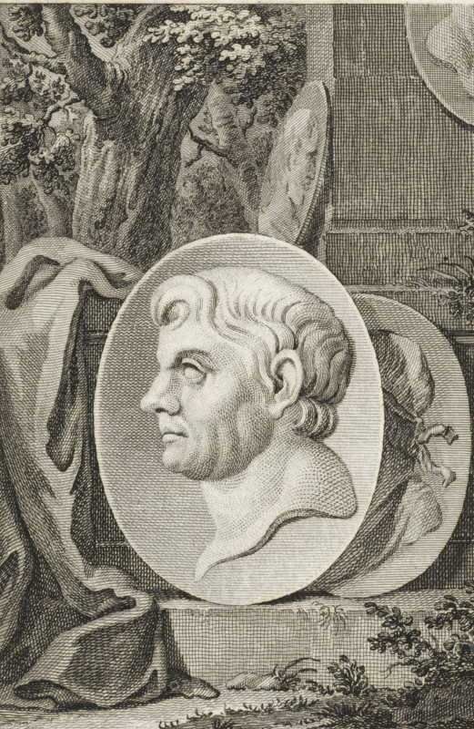Medallion with the portrait of Pompey the Great, print, printmaker: Reinier Vinkeles (I), Amsterdam, after drawing by Jacobus Buys, 1789 - 1809, paper, etching, height 237 mm x width 158 mm, Later state print also used as book illustration in: Plutarchus edited by E. Wassenbergh and H. Bosscha. The lives of illustrious Greeks and Romans, compared among themselves, 12 vols. Amsterdam: Johannes Allart, 1789-1809., (story of) Gnaeus Pompeius Magnus, Pompey the Great, A detailed black and white engraving shows a carved oval medallion with a profiled male bust facing left, featuring stylized wavy hair, a pronounced brow, straight nose, and a smooth transition from neck to shoulders. The medallion rests against a backdrop of draped cloth and a textured architectural surface with rectangular panels and crosshatched shading. Behind and above the scene, leafy tree trunks and foliage are rendered with fine line work, and decorative plants and small shrubbery appear at the base. Intricate hatchin...