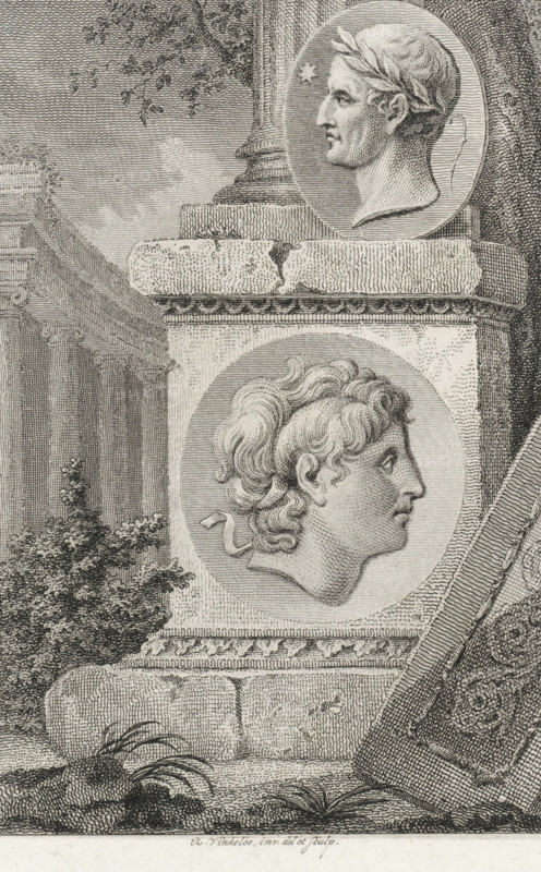 Medallions with portraits of Alexander the Great and Julius Caesar on a pillar, print, printmaker: Reinier Vinkeles (I), Amsterdam, 1789 - 1809, paper, etching, proof print, height 239 mm x width 160 mm, Later state print also used as book illustration in: Plutarchus edited by E. Wassenbergh and H. Bosscha. The Lives of Illustrious Greeks and Romans, Compared, 12 vols. Amsterdam: Johannes Allart, 1789-1809., Person, Alexander the Great, Julius Caesar, column, pillar, architecture, A detailed grayscale engraving showing two classical profile medallion portraits carved into stone blocks set among architectural elements and foliage, the upper medallion depicting a mature male profile wearing a laurel wreath and the lower medallion showing a younger male profile with curly hair tied at the back, both set within circular frames on a textured stone pedestal with carved ornamentation, nearby columns and a curved architectural feature, small shrubs and plants at the base, and finely crosshatch...