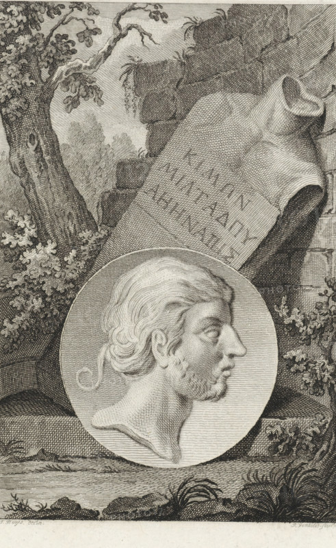 Medallion with the portrait of the Athenian statesman Cimon, print, printmaker: Reinier Vinkeles (I), Amsterdam, after drawing by Jacobus Buys, 1797, paper, etching, proof print, height 240 mm x width 156 mm, Later state print also used as book illustration in: Plutarchus edited by E. Wassenbergh and H. Bosscha. The lives of illustrious Greeks and Romans, compared among themselves, 12 vols. Amsterdam: Johannes Allart, 1789-1809., (story of) Cimon the Athenian, A detailed engraved scene shows a classical profile bust of a bearded man set within a circular medallion, his hair wavy and pulled back with a small curl at the nape and his facial features finely lined. Behind the medallion a draped torso or sculpted garment leans against a textured stone wall or ruin, with blocks and cracks visible and small plants sprouting from crevices. To the left a gnarled tree trunk with leafy branches extends upward, surrounded by dense foliage and shrubs. The foreground contains rocky ground with low g...