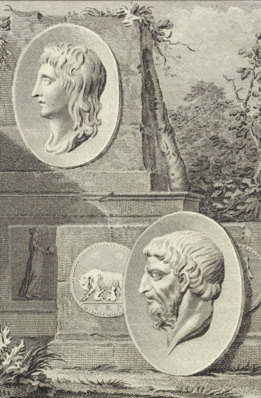 Medallions with portraits of Theseus and Romulus, print, Medallions with portraits of the Athenian hero Theseus and the Roman king Romulus, against stone pedestals. Next to the portrait of Theseus is his club and by the portrait of Romulus another medallion with the she-wolf suckling Romulus and Remus., printmaker: Reinier Vinkeles (I), Amsterdam, after drawing by Jacobus Buys, 1789, paper, etching, proof print, height 236 mm x width 158 mm, Later state print also used as book illustration in: Plutarchus edited by E. Wassenbergh and H. Bosscha. The lives of illustrious Greeks and Romans, compared among themselves, 12 vols. Amsterdam: Johannes Allart, 1789-1809., weapons for striking a blow: club, (story of) Theseus, base (, column, pillar), Romulus as king of Rome, An engraved scene showing two oval medallion reliefs of classical profiles mounted on a stone structure, the upper medallion depicting a left-facing profile with long wavy hair and smooth facial features, the lower medallion...
