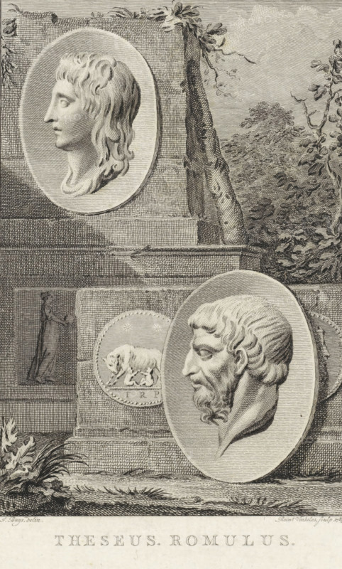 Medallions with portraits of Theseus and Romulus, print, Medallions with portraits of the Athenian hero Theseus and the Roman king Romulus, on stone pedestals. Next to the portrait of Theseus is his club and by the portrait of Romulus another medallion with the she-wolf suckling Romulus and Remus., printmaker: Reinier Vinkeles (I), Amsterdam, after drawing by Jacobus Buys, 1789, paper, etching, height 234 mm x width 158 mm, Print also used as a book illustration in: Plutarchus edited by E. Wassenbergh and H. Bosscha. The lives of illustrious Greeks and Romans, compared among themselves, 12 vols. Amsterdam: Johannes Allart, 1789-1809., weapons for striking a blow: club, (story of) Theseus, base (, column, pillar), Romulus as king of Rome, A detailed engraving shows two oval medallion portraits set against a textured stone backdrop; the upper medallion depicts a youthful profile with long flowing hair and a smooth face looking left, while the lower medallion shows an older bearded profil...