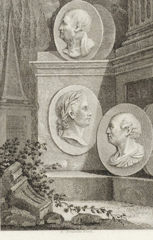 Medallions with portraits of Phocion, Tiberius and Gaius Sempronius Gracchus, print, Medallions with portraits of the Athenian statesman Phocion, the Roman princeps Tiberius Claudius Nero and the Roman politician Gaius Sempronius Gracchus, against stone pedestals., printmaker: Reinier Vinkeles (I), Amsterdam, 1789 - 1809, paper, etching, proof, height 242 mm x width 153 mm, Later state print also used as a book illustration in: Plutarch edited by E. Wassenbergh and H. Bosscha. The lives of illustrious Greeks and Romans, compared to each other, 12 vols. Amsterdam: Johannes Allart, 1789-1809., Person, Tiberius Gemellus, base (, column, pillar), (story of) Phocion, (story of) Gaius Sempronius Gracchus, A detailed etching shows a stone pedestal with three circular reliefs displaying profile busts of different faces set against a textured architectural background; the upper relief features a bald male profile looking left, the central relief shows a laurel-crowned profile facing right, and ...