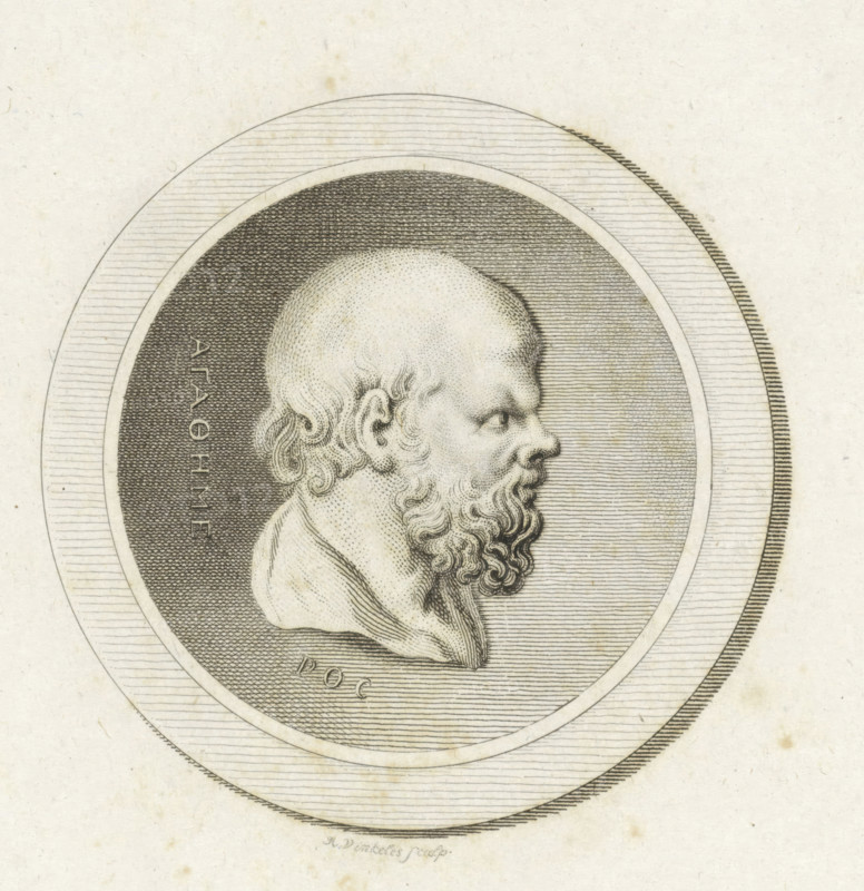 Medallion with the portrait of the philosopher Socrates, print, printmaker: Reinier Vinkeles (I), Amsterdam, 1800, paper, etching, proof print, height 241 mm x width 160 mm, Later state print used as title page for: Xénophon. Memorable Conversations of Socrates. Haarlem: A. Loosjes, 1800., Person, Socrates, A circular engraved portrait shows the profile of an older bearded man facing right, with a bald scalp, curly hair over his ear, and a long wavy beard, rendered with fine stippling and parallel lines; the head and shoulders sit within concentric oval borders filled with dense crosshatching and horizontal line shading, all on a textured off-white paper background with small specks and spots.