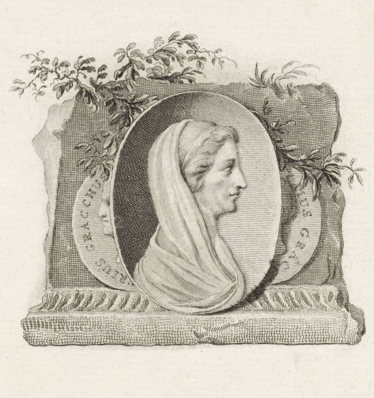 Medallion with the portrait of Cornelia, mother of the Gracchi, print, book illustration, Stone with a medallion. On it the portrait of Cornelia, mother of the Gracchi. The portraits of the brothers Gaius and Tiberius Gracchus are partially visible behind the portrait of the woman., printmaker: Reinier Vinkeles (I), Amsterdam, publisher: Adriaan Pietersz. Loosjes, Haarlem, 1798, paper, etching, proof print, height 236 mm x width 155 mm, Roman Antiquities of Freedom and Love of Fatherland. Haarlem: A. Loosjes, 1798., Person, Cornelia Africana, (story of) Tiberius Sempronius Gracchus, (story of) Gaius Sempronius Gracchus, A detailed engraved profile of a person facing right is set within an oval medallion, the figure wearing a draped head covering with visible folds and textured hair at the forehead, the face rendered with fine stippling and line work; the medallion rests on a patterned rectangular plinth with crosshatch and linear textures, and decorative leafy branches and small foliag...