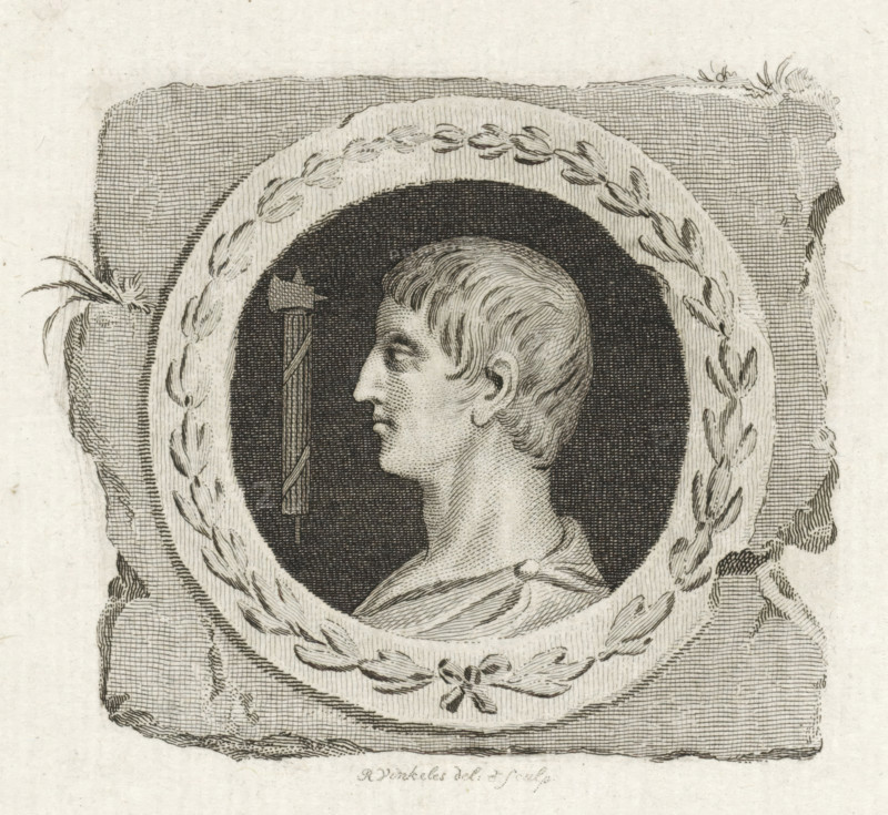 Medallion with a portrait of Marcus Junius Brutus, print, Medallion with a portrait of a man, next to him a fasces., printmaker: Reinier Vinkeles (I), Amsterdam, publisher: Adriaan Pietersz. Loosjes, Haarlem, 1798, paper, etching, proof print, height 237 mm x width 157 mm, Roman Antiquities of Freedom and Love of Fatherland. Haarlem: A. Loosjes, 1798., Person, Marcus Junius Brutus, symbols and allegories of law, 'Legge', 'Legge civile' (Ripa) ('fasces cum securibus'), A detailed engraved profile of a young person facing left is shown inside an oval frame decorated with a laurel wreath; the head has short, wavy hair and a smooth neck, and the figure wears a draped garment with a visible fastening at the shoulder. The oval sits on a textured rectangular background that looks like a carved or etched stone slab with rough edges and subtle plant-like embellishments at the corners. Behind the figure and within the oval is a dark, densely crosshatched field and beside the head a vertical staf...