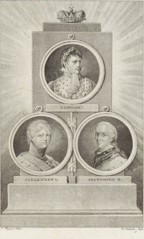 Monument with portraits of Napoleon I Bonaparte, Tsar Alexander I and Francis II, print, Three medallions on a monument, with the portraits of Napoleon I Bonaparte, Emperor of the French, Alexander I, Tsar of Russia and Francis II Joseph Karl, Holy Roman Emperor. On top of the monument a crown and behind it a halo. In the center a fasces., printmaker: Reinier Vinkeles (I), Amsterdam, after drawing by Jacques Kuyper, 1804 - 1816, paper, etching, engraving, etching and engraving, height 251 mm x width 163 mm, Person, Napoleon I (Emperor of the French), Francis II (Holy Roman Emperor), symbols and allegories of law, 'Legge', 'Legge civile' (Ripa) ('fasces cum securibus'), A vertically oriented engraving shows a tiered stone monument with a crowned top and radiating lines in the background. At the upper tier a circular framed portrait contains a bust of a person wearing a laurel wreath and a ruffled collar, facing slightly to the viewer's right. Below this, two circular framed portraits si...