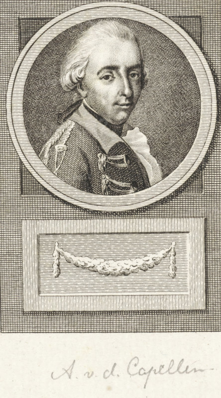 Portrait of Alexander Philip van der Capellen, print, governor of Gorinchem and chamberlain to Prince William V., inscription: 'AvdCapellen, XIX, 30', printmaker: Reinier Vinkeles (I), Amsterdam, 1783 - 1795, paper, etching, proof, height 163 mm x width 113 mm, Later state of print used in: Fokke, Jan. Geschiedenissen der Vereenigde Nederlanden voor de vaderlandsche jeugd Ie-XXVste deel. Amsterdam: Johannes Allart, 1783-1795. Vol. XIX., Person, Alexander Philip van der Capellen, An engraved circular portrait of a man in a framed medallion, showing his upper torso and head turned slightly to one side, with powdered hair styled back and short curls above the ears, wearing a military-style coat with braided epaulette and decorative braiding, and a visible neckcloth; the medallion sits above a rectangular panel containing a carved garland draped between two tassel-like ends, all rendered in dense parallel and crosshatching lines on a textured background.
