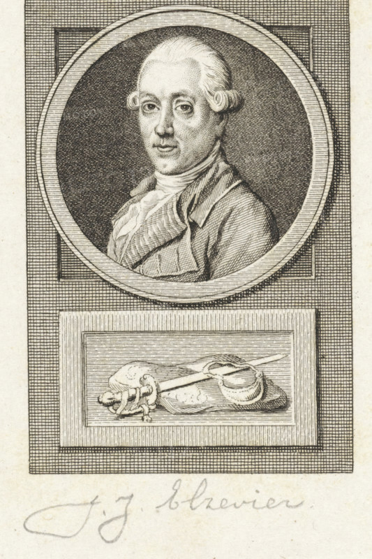 Portrait of Jan Jacob Elzevier, print, councilor of Rotterdam and colonel of the militia. Below the portrait a sword on a cushion., inscription: 'JJElzevier, XVIII, 46', printmaker: Reinier Vinkeles (I), Amsterdam, printmaker: Cornelis Bogerts, after drawing by Jacobus Buys, 1783 - 1795, paper, etching, proof print, height 164 mm x width 114 mm, Later state print used in: Fokke, Jan. Geschiedenissen der Vereenigde Nederlanden voor de vaderlandsche jeugd Ie-XXVste deel. Amsterdam: Johannes Allart, 1783-1795. Part XVII., Person, Jan Jacob Elzevier, hacking and thrusting weapons: sword, A detailed engraved portrait of a man shown from the chest up inside a circular frame, with a textured dark background contrasting the lighter oval border; the man has a powdered hairstyle with rolled side curls, a high forehead, arched eyebrows, and a neutral expression, wearing a high-collared shirt and a draped coat with visible folds and fine line shading; below the circular frame is a rectangular pane...