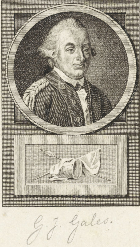 Portrait of Gale Isaac Gales, print, Portrait of the Dutch Lieutenant Colonel Gale Isaac Gales. Below the portrait a drum and a banner., inscription: 'GJGales, XVII, 124', printmaker: Reinier Vinkeles (I), Amsterdam, printmaker: Cornelis Bogerts, after drawing by Jacobus Buys, 1783 - 1795, paper, etching, engraving, height 163 mm x width 114 mm, Later state print used in: Fokke, Jan. Geschiedenissen der Vereenigde Nederlanden voor de vaderlandsche jeugd Ie-XXVste deel. Amsterdam: Johannes Allart, 1783-1795. Part XVII., Person, Gale Isaac Gales, drum (musical instrument), (military) flags and standards, A monochrome engraved portrait shows a man wearing a dark coat with decorative buttons and a light-colored cravat, depicted from the chest up inside a circular frame; his hair is styled back and powdered with side rolls, and he has a composed facial expression with visible eyes, nose, and mouth. Below the circular frame is a rectangular panel with an engraved still-life of a rolled-up dr...