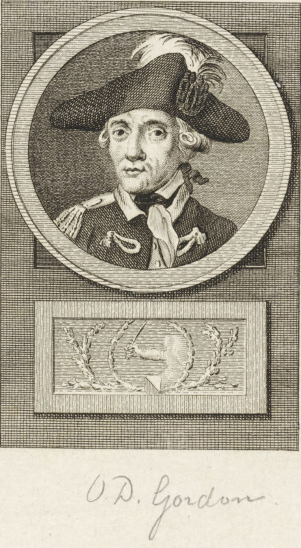 Portrait of Otto Derk Gordon, print, colonel of the Society 'Pro patria et libertate' in Utrecht., FMP 1915-b, printmaker: Reinier Vinkeles (I), Amsterdam, printmaker: Cornelis Bogerts, after drawing by Jacobus Buys, 1783 - 1795, paper, etching, engraving, height 165 mm x width 113 mm, Later state of print used in: Fokke, Jan. Geschiedenissen der Vereenigde Nederlanden voor de vaderlandsche jeugd Ie-XXVste deel. Amsterdam: Johannes Allart, 1783-1795. Vol XV., Person, Otto Derk Gordon, A monochrome engraved portrait shows a man framed within a circular border set against a textured rectangular background, wearing a broad-brimmed hat adorned with a plume and a decorative rosette, his hair styled in curled locks at the sides. He has an oval face with pronounced eyes, a straight nose, and a closed mouth, and he is dressed in a uniform showing a high collar, a cravat tied at the neck, and ornamental shoulder decorations. Below the circular portrait is a rectangular panel containing a wreath...
