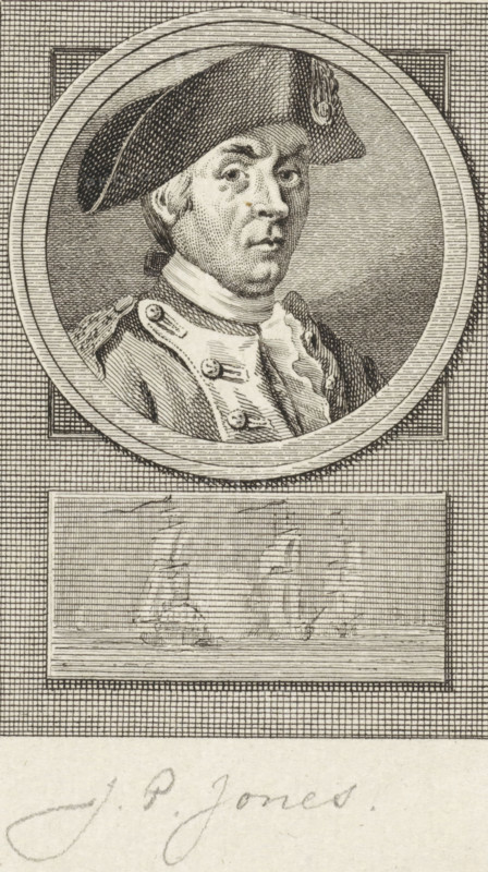Portrait of John Paul Jones, print, Portrait of the American privateer John Paul Jones. Below the portrait three sailing ships., printmaker: Reinier Vinkeles (I), Amsterdam, printmaker: Cornelis Bogerts, after drawing by Jacobus Buys, 1783 - 1795, paper, etching, engraving, height 168 mm x width 113 mm, Later state print used in: Fokke, Jan. Geschiedenissen der Vereenigde Nederlanden voor de vaderlandsche jeugd Ie-XXVste deel. Amsterdam: Johannes Allart, 1783-1795. Vol. XIII., Person, John Paul Jones, sailing-ship, sailing-boat, A detailed engraved portrait of a man shown from the shoulders up inside a circular frame, wearing a dark bicorn hat and a military coat with visible buttons and epaulette, his face rendered with fine crosshatching and a neutral expression, set against a textured background; below the circle is a rectangular inset depicting three sailing ships on calm water, all elements surrounded by a grid-like patterned border.