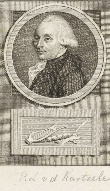 Portrait of Pieter Leonard van de Kasteele, print, representative, lawyer and poet. Below the portrait a lyre, a book, a sheet of paper and an inkwell with quill., printmaker: Reinier Vinkeles (I), Amsterdam, printmaker: Cornelis Bogerts, after drawing by Jacobus Buys, 1783 - 1795, paper, etching, engraving, height 165 mm x width 114 mm, Later state print used in: Fokke, Jan. Geschiedenissen der Vereenigde Nederlanden voor de vaderlandsche jeugd Ie-XXVste deel. Amsterdam: Johannes Allart, 1783-1795. Part XIX., Person, Pieter Leonard van de Kasteele, lyre, cithara, psaltery, book, quill, A detailed engraved portrait shows a light-haired man in profile within a circular frame, wearing a dark coat and a ruffled white collar, his hair styled back and tied at the nape, set against a finely crosshatched background; below the circular portrait is a rectangular vignette depicting a lyre-like instrument resting on a rolled scroll and a flat surface, all enclosed by a lined border, and the entir...