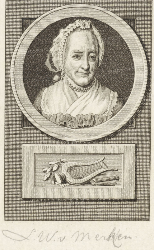 Portrait of Lucretia Wilhelmina van Merken, print, Portrait of the poet Lucretia Wilhelmina van Merken. Below the portrait a lyre, a laurel wreath and books., printmaker: Reinier Vinkeles (I), Amsterdam, printmaker: Cornelis Bogerts, after drawing by Jacobus Buys, 1783 - 1795, paper, etching, engraving, height 164 mm x width 112 mm, Later state print used in: Fokke, Jan. Geschiedenissen der Vereenigde Nederlanden voor de vaderlandsche jeugd Ie-XXVste deel. Amsterdam: Johannes Allart, 1783-1795. Part XXII., Person, Lucretia Wilhelmina van Merken, lyre, cithara, psaltery, book, honoring the artist with laurel wreath (variant), A detailed engraved portrait of an older woman shown from the shoulders up inside a circular medallion, wearing a lace-trimmed cap with a small floral decoration, a layered shawl or scarf around her neck, and a beaded necklace; her face shows fine engraved lines and a slight, neutral expression. The circular medallion is set against a textured rectangular backgroun...