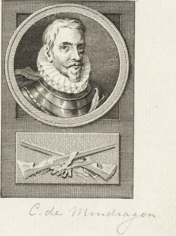 Portrait of Cristóbal de Mondragón y Otalora, print, Spanish army commander in the Netherlands. Below the portrait two rifles., printmaker: Reinier Vinkeles (I), Amsterdam, printmaker: Cornelis Bogerts, after drawing by Jacobus Buys, 1783 - 1795, paper, etching, engraving, width 162 mm x width 111 mm, Later state print used in: Fokke, Jan. Geschiedenissen der Vereenigde Nederlanden voor de vaderlandsche jeugd Ie-XXVste deel. Amsterdam: Johannes Allart, 1783-1795. Part VI., Person, Cristóbal de Mondragón y Otalora, firearms: rifle, An engraved portrait shows a man with short hair, a mustache and a pointed beard, wearing a high, ruffled collar and a dark, textured garment, his head framed inside a circular medallion set against a patterned rectangular background, and below the medallion a rectangular panel displays crossed long-barreled firearms and a bundle of foliage or ribbons arranged over a textured field.