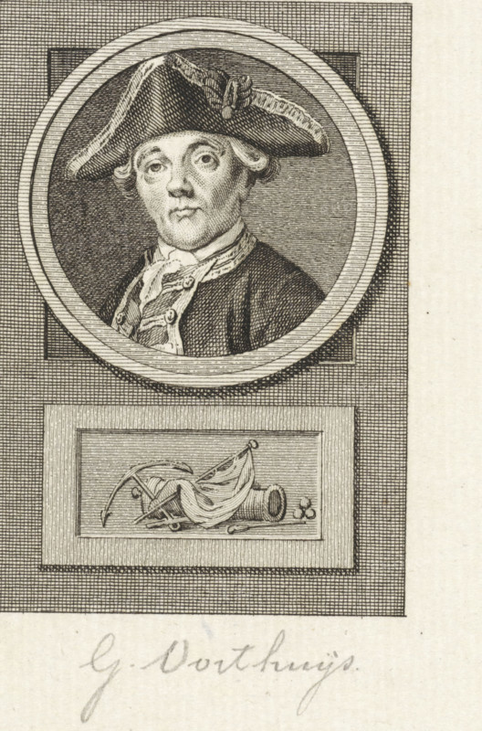 Portrait of Gerardus Oorthuys, print, Portrait of Captain Gerardus Oorthuys. Below the portrait an anchor, a banner and a cannon with cannonballs., printmaker: Reinier Vinkeles (I), Amsterdam, printmaker: Cornelis Bogerts, after drawing by Jacobus Buys, 1783 - 1795, paper, etching, engraving, width 167 mm x width 114 mm, Later state print used in: Fokke, Jan. Geschiedenissen der Vereenigde Nederlanden voor de vaderlandsche jeugd Ie-XXVste deel. Amsterdam: Johannes Allart, 1783-1795. Part XIV., Person, Gerardus Oorthuys, firearms: cannon, parts of ship's exterior: anchor, (military) flags and standards, A detailed engraved portrait of a man wearing a tricorne hat and a coat with a high collar is shown inside a circular frame; his face has a neutral expression and visible hair curls at the sides, and the hat has decorative ribbon-like trim. Below the circular frame is a rectangular panel containing an engraved still life with a cannon, cannonballs, a draped flag, and an anchor-like objec...