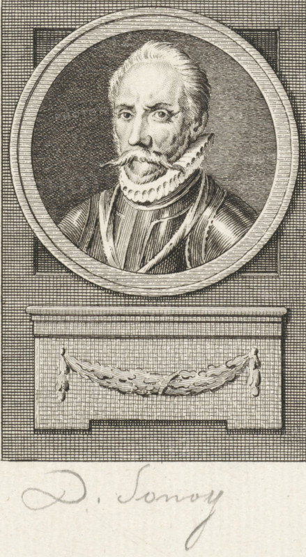 Portrait of Diederik van Sonoy, print, governor of the Northern Quarter, where he fought against the Spaniards., printmaker: Reinier Vinkeles (I), Amsterdam, printmaker: Cornelis Bogerts, after drawing by Jacobus Buys, 1783 - 1795, paper, etching, engraving, width 163 mm x width 113 mm, Later state of print used in: Fokke, Jan. Histories of the United Netherlands for the Fatherland's Youth Part I-XXV. Amsterdam: Johannes Allart, 1783-1795. Volume VI., Person, Diederik van Sonoy, An engraved portrait of a man shown from the shoulders up inside a circular frame, with a textured background and decorative rectangular border; he has a high forehead, short swept-back hair, a prominent mustache, a pointed beard, and a layered ruffled collar; he wears a dark garment with visible straps or bands and shaded vertical lines; below the circular frame is a rectangular plinth with molded edges and a carved garland draped across its front; the entire image is composed of fine parallel and cross-hatche...