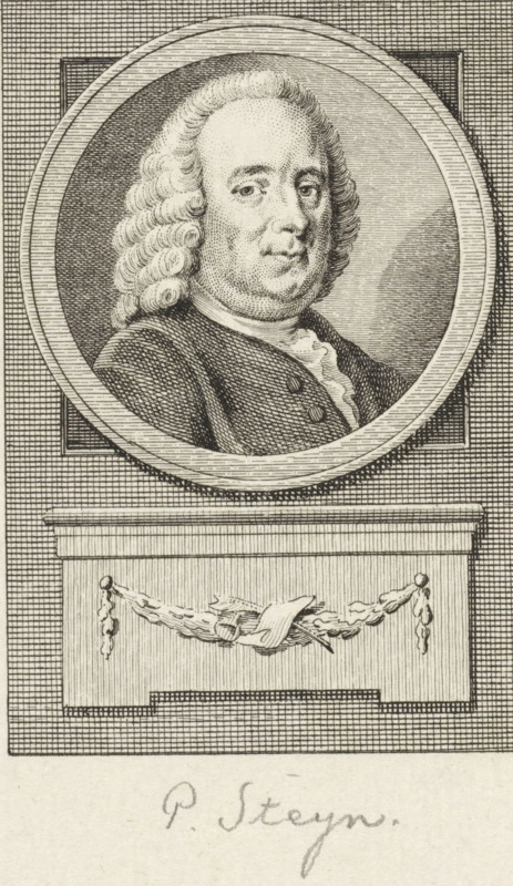 Portrait of Pieter Steijn, print, Grand Pensionary of Holland., FMP 5159-d, printmaker: Reinier Vinkeles (I), Amsterdam, printmaker: Cornelis Bogerts, after drawing by Jacobus Buys, 1783 - 1795, paper, etching, engraving, width 168 mm x width 112 mm, Later state of print used in: Fokke, Jan. Histories of the United Netherlands for the Fatherland's Youth Part I-XXV. Amsterdam: Johannes Allart, 1783-1795. Volume XIII., Person, Pieter Steijn, An engraved portrait shows a bust of a man with curled hair framed within a circular medallion set against a textured background, the man wearing period clothing with a high collar and buttoned coat, his face portrayed with subtle shading and stippling; below the medallion is a rectangular plinth decorated with a draped garland motif, all rendered in fine linework and crosshatching.