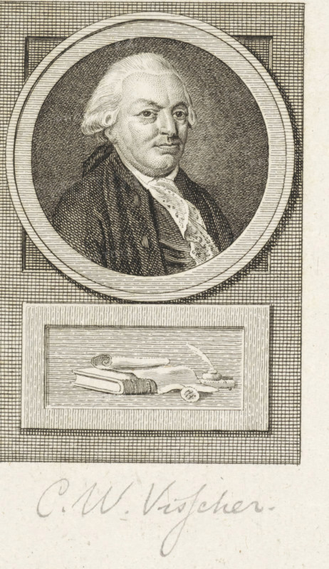 Portrait of Carel Wouter Visscher, print, chief officer of Amsterdam. Below the portrait a book, an inkwell with quill and a paper with a seal., FMP 5794-c, printmaker: Reinier Vinkeles (I), Amsterdam, printmaker: Cornelis Bogerts, after drawing by Jacobus Buys, 1783 - 1795, paper, etching, engraving, height 165 mm x width 115 mm, Later state print used in: Fokke, Jan. Geschiedenissen der Vereenigde Nederlanden voor de vaderlandsche jeugd Ie-XXVste deel. Amsterdam: Johannes Allart, 1783-1795. Part XIX., Person, Carel Wouter Visscher, book, quill, seal, stamp, ink-well, A detailed engraved portrait shows a bust of a man with light hair swept back, wearing a dark coat and a patterned cravat, set within a circular frame against a textured background, and beneath the circle there is a rectangular panel containing engraved objects including a book and instruments laid out on a lined surface.