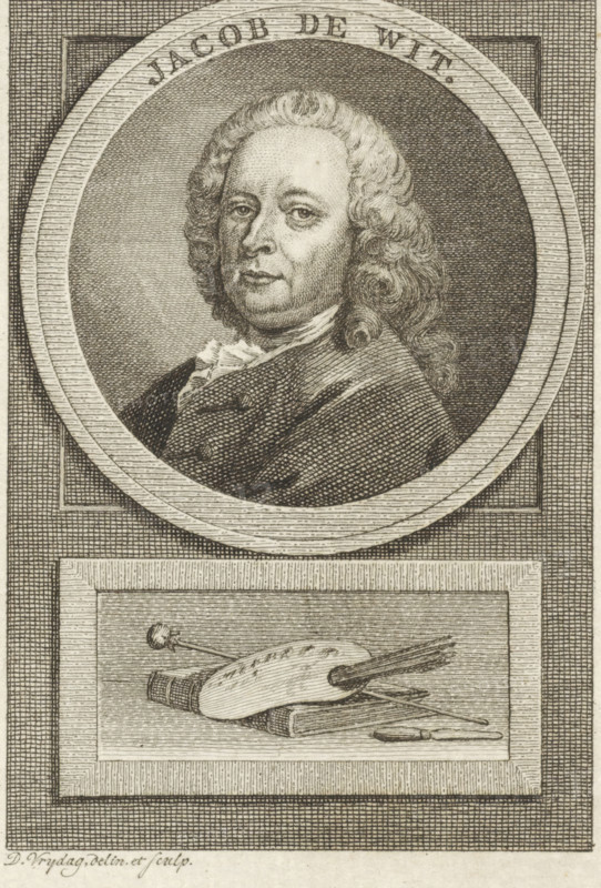 Portrait of Jacob de Wit, print, Portrait of the Amsterdam painter Jacob de Wit. Below the portrait, a painter's palette with brushes on a book., printmaker: Daniël Vrijdag, Amsterdam, printmaker: Reinier Vinkeles (I), after drawing by Daniël Vrijdag, 1783 - 1795, Daniël Vrijdag, Reinier Vinkeles (I), printmaker, after drawing by, paper, etching, engraving, etching and engraving, height 111 mm x width 83 mm, Print presumably used in: Fokke, Jan. Geschiedenissen der Vereenigde Nederlanden voor de vaderlandsche jeugd Ie-XXVste deel. Amsterdam: Johannes Allart, 1783-1795., Person, Jacob de Wit, palette, A monochrome engraved portrait shows a bust of a man with a full face, prominent cheeks, and curled shoulder-length hair, set inside a circular frame with a textured background; he wears a coat and a ruffled neckcloth, and his expression is neutral. Below the circular portrait is a rectangular panel depicting an artist's palette with brushes and a mahlstick resting on top of a closed book,...