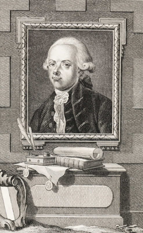 Portrait of Cornelis de Gijselaar, print, pensionary of Dordrecht., FMP 2080-b, printmaker: Reinier Vinkeles (I), Amsterdam, 1786 - 1809, paper, etching, engraving, height 235 mm x width 154 mm, Later state of print used as book illustration in: Wagenaar, Jan. Vaderlandsche historie, in continuation of Wagenaar's Vaderlandsche historie. Vol. 1-43. Amsterdam: Johannes Allart, 1786-1809., Person, Cornelis de Gijselaar, A framed engraved portrait of a man with powdered hair styled in curls at the sides and tied at the back, wearing a dark coat and a lace cravat, set against a textured background inside a decorative rectangular frame, above a ledge holding a quill in an inkwell, stacked books, a rolled scroll, and a draped cloth with hanging seals, with part of an ornate chair visible at the lower left.