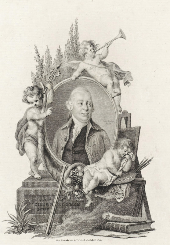 Portrait of Jan Gildemeester Jansz, print, Portrait of the Amsterdam art lover Jan Gildemeester Jansz in an oval medallion on a pedestal. At the top, a putto blowing a trumpet, on the left a putto with a caduceus, and on the right a grieving putto amidst painter's attributes such as a palette, brushes, and easel, with a horn of plenty beside him. An extinguished torch rests against the pedestal., printmaker: Reinier Vinkeles (I), Amsterdam, after design by Reinier Vinkeles (I), after painting by Adriaan de Lelie, 1800, Reinier Vinkeles (I), Adriaan de Lelie, printmaker, after painting by, paper, etching, engraving, etching and engraving, height 316 mm x width 237 mm, Person, Jan Gildemeester Jansz, A detailed engraved portrait shows a man with powdered hair and formal clothing set inside an ornate oval frame held by three cherubic figures; one cherub stands to the left holding a staff entwined with a serpent, another reclines on top of the frame blowing a long trumpet, and a third rest...