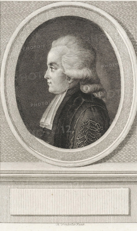 Portrait of Stephanus Johannes van Geuns, version B, print, professor of medicine, psychology, and botany in Utrecht., printmaker: Reinier Vinkeles (I), Amsterdam, 1786 - 1809, paper, etching, engraving, height 238 mm x width 160 mm, Later state print used as book illustration in: Wagenaar, Jan. Vaderlandsche historie, as a continuation of Wagenaar's Vaderlandsche historie. Vol. 1-43. Amsterdam: Johannes Allart, 1786-1809., Person, Adolph Heinrich Meltzer, A monochrome engraved portrait of a man shown in profile facing left, set inside an oval frame; he has pale, wavy hair styled back and gathered into a curled queue, a smooth forehead, and a straight nose, with a calm expression and a slightly pointed chin. He wears a dark coat with decorative braided trim on the shoulder and a light, pleated neckcloth. The oval is bordered by concentric textured rings and sits against a background of horizontal and crosshatched lines. Below the oval is a rectangular panel with fine vertical hatch lin...