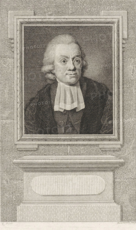 Portrait of Matthias van Geuns, print, professor of medicine in Utrecht., printmaker: Reinier Vinkeles (I), Amsterdam, after painting by Monogrammist H (inventor), 1786 - 1809, paper, etching, engraving, height 240 mm x width 159 mm, Later state print used as book illustration in: Wagenaar, Jan. Vaderlandsche historie, as a continuation of Wagenaar's Vaderlandsche historie. Vol. 1-43. Amsterdam: Johannes Allart, 1786-1809., Person, Matthias van Geuns, A framed engraved portrait of an older man with powdered hair and side curls is centered above a carved plinth; he wears a dark robe and a light-colored clerical band at his neck, and his face shows detailed shading and fine etched lines with a neutral expression and slightly raised eyebrows; the rectangular frame around the portrait is ornate with layered moldings and crosshatched shading, set against a textured background of repeated horizontal and vertical hatch marks, and beneath the frame a broad ledge and pedestal with fluted and pa...