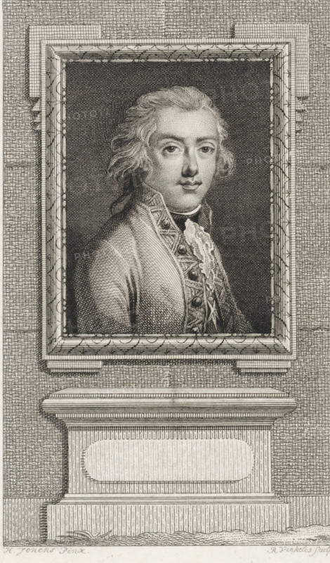 Portrait of Willem George Frederik, Prince of Orange-Nassau, print, printmaker: Reinier Vinkeles (I), Amsterdam, after painting by H. Jones, 1786 - 1809, paper, etching, proof print, height 240 mm x width 161 mm, Later state print used as book illustration in: Wagenaar, Jan. Vaderlandsche historie, in continuation of Wagenaar's Vaderlandsche historie. Vol. 1-43. Amsterdam: Johannes Allart, 1786-1809., Person, Willem George Frederik (Prince of Orange-Nassau), An engraved portrait of a young man in a decorative rectangular frame mounted on a plinth, showing the man from the chest up with wavy hair, neutral expression, and detailed period clothing including a high collar and ornate waistcoat; the frame has carved edges and a patterned inner border, the background inside the frame is densely crosshatched, and the surrounding wall and plinth are rendered with fine line textures and architectural moldings.