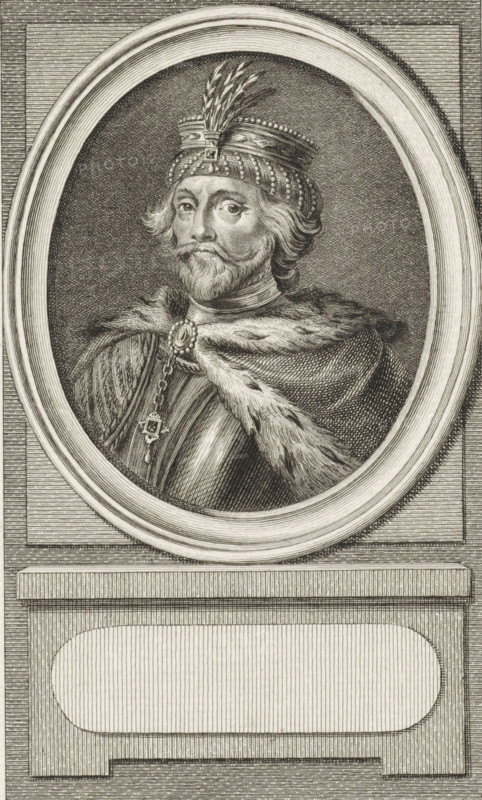 Portrait of Floris V, Count of Holland and Zeeland, print, printmaker: Reinier Vinkeles (I), Amsterdam, after drawing by Jacobus Buys, 1786, paper, etching, engraving, height 235 mm x width 150 mm, Later state print used as book illustration in: Kok, Jacobus. Vaderlandsch woordenboek : met kaarten, platenen en porttraitten. Amsterdam: Johannes Allart, 1785-1796. Volume XV., Person, Floris V (Count of Holland and Zeeland), An engraved oval portrait of a bearded man wearing a jeweled crown topped with feathers is set within a decorative frame; the man has wavy hair, a mustache, and a trimmed beard, and he wears a fur-lined cloak fastened with an ornate brooch and a chain with a pendant, all rendered with fine crosshatching and parallel lines against a textured background and a pedestal-like base below the oval.