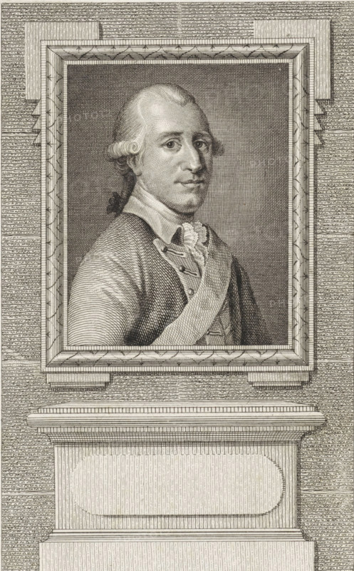 Portrait of Charles William Ferdinand, Duke of Brunswick-Wolfenbüttel, print, Prussian Field Marshal., printmaker: Reinier Vinkeles (I), Amsterdam, after design by Jan Balzer, 1786 - 1809, paper, etching, proof print, height 234 mm x width 155 mm, Later state print used as book illustration in: Wagenaar, Jan. Vaderlandsche historie, as a continuation of Wagenaar's Vaderlandsche historie. Vol. 1-43. Amsterdam: Johannes Allart, 1786-1809., Person, Charles William Ferdinand Duke of Brunswick-Wolfenbüttel, A framed engraved portrait of a man is centered above a stylized pedestal, the portrait showing the man from the chest up, turned slightly to one side with a composed expression, hair styled and tied at the back with curled side locks, wearing a high collared shirt with a ruffled cravat and a coat fastened with decorative buttons and a sash across the chest; the engraved background inside the frame is finely crosshatched while the outer border and surrounding wall are filled with alterna...
