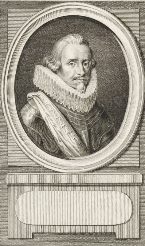 Portrait of Ernst Casimir, Count of Nassau-Dietz, print, printmaker: Reinier Vinkeles (I), Amsterdam, after drawing by Jacobus Buys, publisher: Johannes Allart, 1785 - 1796, paper, etching, proof, height 236 mm x width 150 mm, Later state print used as book illustration in: Kok, Jacobus. Vaderlandsch woordenboek : met kaarten, 1785-1796. Volume XIV., Person, Ernst Casimir Count of Nassau-Dietz, A monochrome engraved portrait shows a man depicted from the chest up within an oval frame set into a rectangular panel. He wears a broad, pleated ruff collar and a draped sash over a dark, textured garment with visible seams and buttons. His hair is wavy and shoulder-length, and he has a mustache and a small pointed beard on his chin. The oval frame features concentric molded rings and sits above a rectangular plinth with a recessed, rounded-rectangular panel, all rendered with fine crosshatching and parallel line shading.