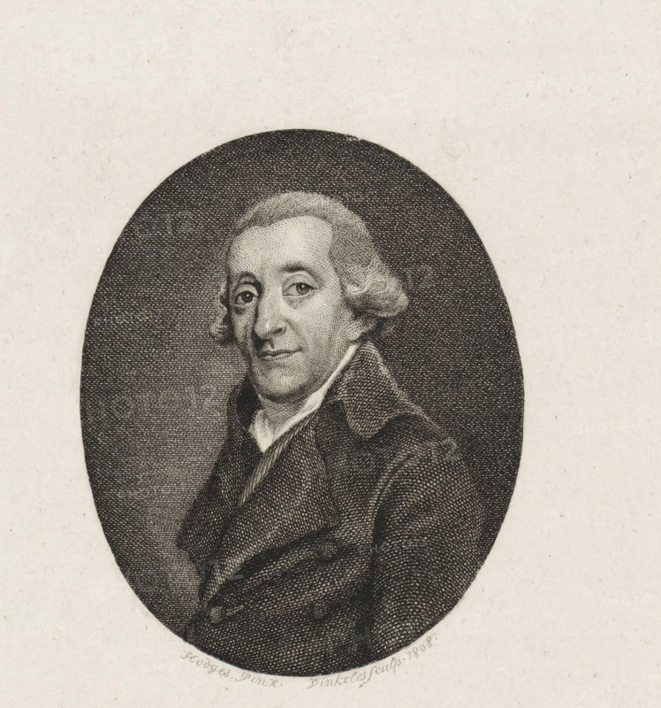 Portrait of the Amsterdam physician Johan Rudolph Deiman, print, printmaker: Reinier Vinkeles (I), Amsterdam, after painting by Charles Howard Hodges, 1808, paper, etching, proof, height 255 mm x width 170 mm, Later state used as title page for: Bosch, Jeronimo de. Eulogy on JR Deiman. 1808., Person, Johan Rudolph Deiman, An engraved portrait of a man shown from the chest upward within a dark oval field set against a light textured background, depicting a middle-aged individual with wavy hair styled back from the forehead and curls near the ears, a high-collared shirt visible at the neck, a jacket with lapels and folded arms, finely crosshatched shading defining facial features and clothing, and a faint decorative mark near the bottom edge of the oval.