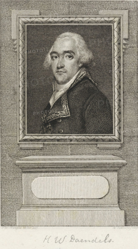 Portrait of Hendrik Willem Daendels, print, Portrait of the Dutch General Hendrik Willem Daendels., Van Someren 1340, printmaker: Reinier Vinkeles (I), Amsterdam, after drawing by Charles Howard Hodges, 1786 - 1809, paper, etching, proof print, height 239 mm x width 158 mm, Later state print used as book illustration in: Wagenaar, Jan. Vaderlandsche historie, as a continuation of Wagenaar's Vaderlandsche historie. Vol. 1-43. Amsterdam: Johannes Allart, 1786-1809., Person, Herman Willem Daendels, A framed engraved portrait of a man shown from the chest up, with light-colored hair styled away from his face and a composed expression, wearing a dark coat with decorative trim and a high-collared shirt; the portrait sits within an ornate rectangular frame set against a textured background, and below the frame is a carved pedestal with a recessed oval panel.