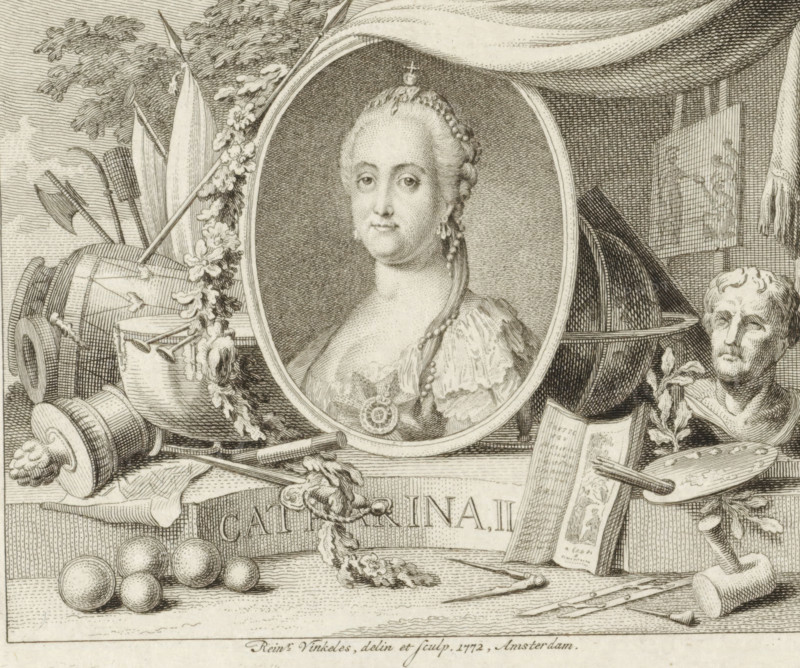 Portrait of Catherine the Great, surrounded by attributes, print, with on the right attributes belonging to the arts such as painter's palette and easel, sculpted head, compass and burin, and on the left attributes belonging to war such as cannonballs, sword, command staff, banners and drums., printmaker: Reinier Vinkeles (I), Amsterdam, after design by Reinier Vinkeles (I), 1772, Reinier Vinkeles (I), printmaker, paper, etching, engraving, etching and engraving, height 87 mm x width 105 mm, Person, Catherine the Great, piece of sculpture, reproduction of a piece of sculpture, tools, implements of graphic artist, helved weapons, polearms (for striking, hacking, thrusting), drum (musical instrument), (military) equipment and supply, palette, easel, An oval framed portrait of a woman with hair styled up and adorned with a small crown and beaded ornament, wearing a gown with ruffled sleeves and a medallion at her chest, surrounded by a garland of flowers; to the left of the portrait are d...