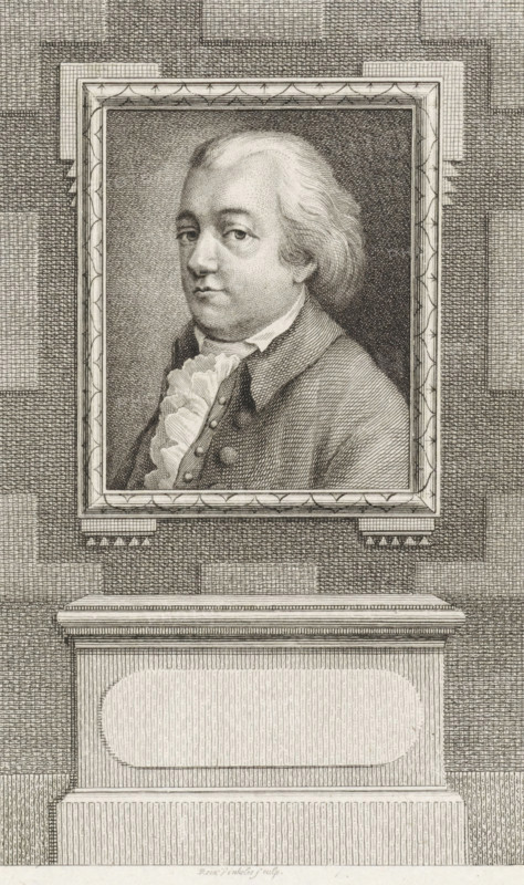 Portrait of Daniël Jacobus Canter Camerling, print, Mayor of Haarlem and Director of the Dutch Society of Sciences., FMP 898-a, printmaker: Reinier Vinkeles (I), Amsterdam, 1786 - 1809, paper, etching, proof print, height 232 mm x width 155 mm, Later state print used as book illustration in: Wagenaar, Jan. Vaderlandsche historie, as a continuation of Wagenaar's Vaderlandsche historie. Vol. 1-43. Amsterdam: Johannes Allart, 1786-1809., Person, Daniël Jacobus Canter Camerling, An engraved portrait of a man in a rectangular frame hangs above a sculpted pedestal; the man is shown from the chest up, turned slightly to one side, with light-colored hair combed back, a high-collared shirt with a ruffled front, and a coat with visible buttons; the framed portrait has decorative inner borders and is set against a textured brick-like background, while the pedestal beneath shows carved molding and a recessed oval panel, all rendered in fine parallel and cross-hatched lines.