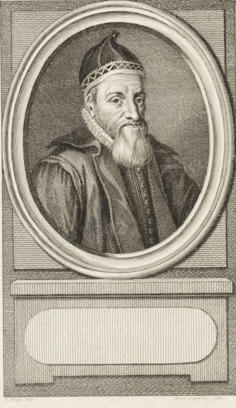 Portrait of Jacob Dirksz. Brouwer, print, supporter of Orange in Hoorn in 1572., printmaker: Reinier Vinkeles (I), Amsterdam, after drawing by Jacobus Buys, 1787, paper, etching, engraving, height 228 mm x width 152 mm, Later state print used as book illustration in: Kok, Jacobus. Vaderlandsch woordenboek : met kaarten, platenen en porttraitten. Amsterdam: Johannes Allart, 1785-1796. Volume VIII., Person, Jacob Dirksz. Brouwer, An engraved portrait of an older man shown from the chest up inside an oval frame set within a rectangular architectural surround, the man wearing a patterned cap and a ruffled collar with a long beard and mustache, his expression neutral and his gaze slightly to one side, his clothing rendered with textured shading and decorative buttons down the front, the oval frame displaying concentric carved rings and the surrounding paneling filled with fine horizontal hatch marks, below the oval a rectangular pedestal with an inset rounded rectangle panel, all executed i...