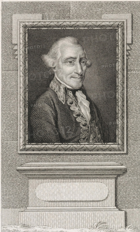 Portrait of Carel Baron van Boetzelaer, print, Lieutenant General., Van Someren 573, printmaker: Reinier Vinkeles (I), Amsterdam, 1786 - 1809, paper, etching, engraving, height 240 mm x width 161 mm, Later state of print used in: Wagenaar, Jan. Vaderlandsche historie, as a continuation of Wagenaar's Vaderlandsche historie. Vol. 1-43. Amsterdam: Johannes Allart, 1786-1809., Person, Carel Baron van Boetzelaer, A framed engraved portrait of an older man shown from the chest up wearing a dark coat with ornate embroidery and a high collar, a ruffled cravat, and hair styled back and powdered; the frame rests on a plinth with layered moldings and a recessed panel, all rendered in fine line engraving with crosshatching and stippling creating shading and texture.