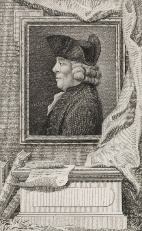 Portrait of Nicolaas Bondt, print, jurist in Amsterdam., printmaker: Reinier Vinkeles (I), Amsterdam, 1786 - 1809, paper, etching, engraving, height 241 mm x width 160 mm, Later state print used as book illustration in: Wagenaar, Jan. Vaderlandsche historie, as a continuation of Wagenaar's Vaderlandsche historie. Vol. 1-43. Amsterdam: Johannes Allart, 1786-1809., Person, Nicolaas Bondt, A framed engraved portrait of a man in profile wearing a tricorner hat and a curled wig, visible from the shoulders up and dressed in a coat with a high collar, set against a shaded background; the frame rests on a surface draped with a textured cloth, with stacked books and a rolled sheet lying beside and partially over a rectangular pedestal that has carved paneling, while a patterned wall behind and drapery to the right surround the scene.